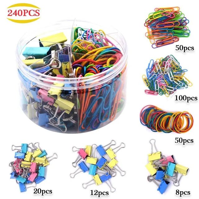 THE CEO's 240pc Colorful Mixed Paper Clips, Rubber Band, Binder Clips Stationery Set